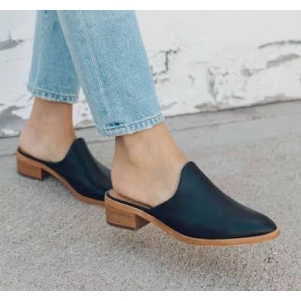 Soludos Black Leather Venetian Mules Stacked Block Heel Slides Womens 8 EU 38.5